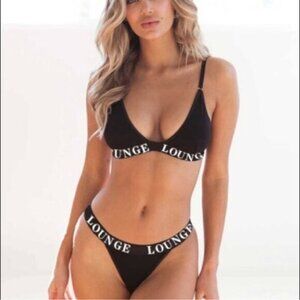 Black Lounge Logo Bralette & Thong Set L | Elastic Band Two-Piece NWT